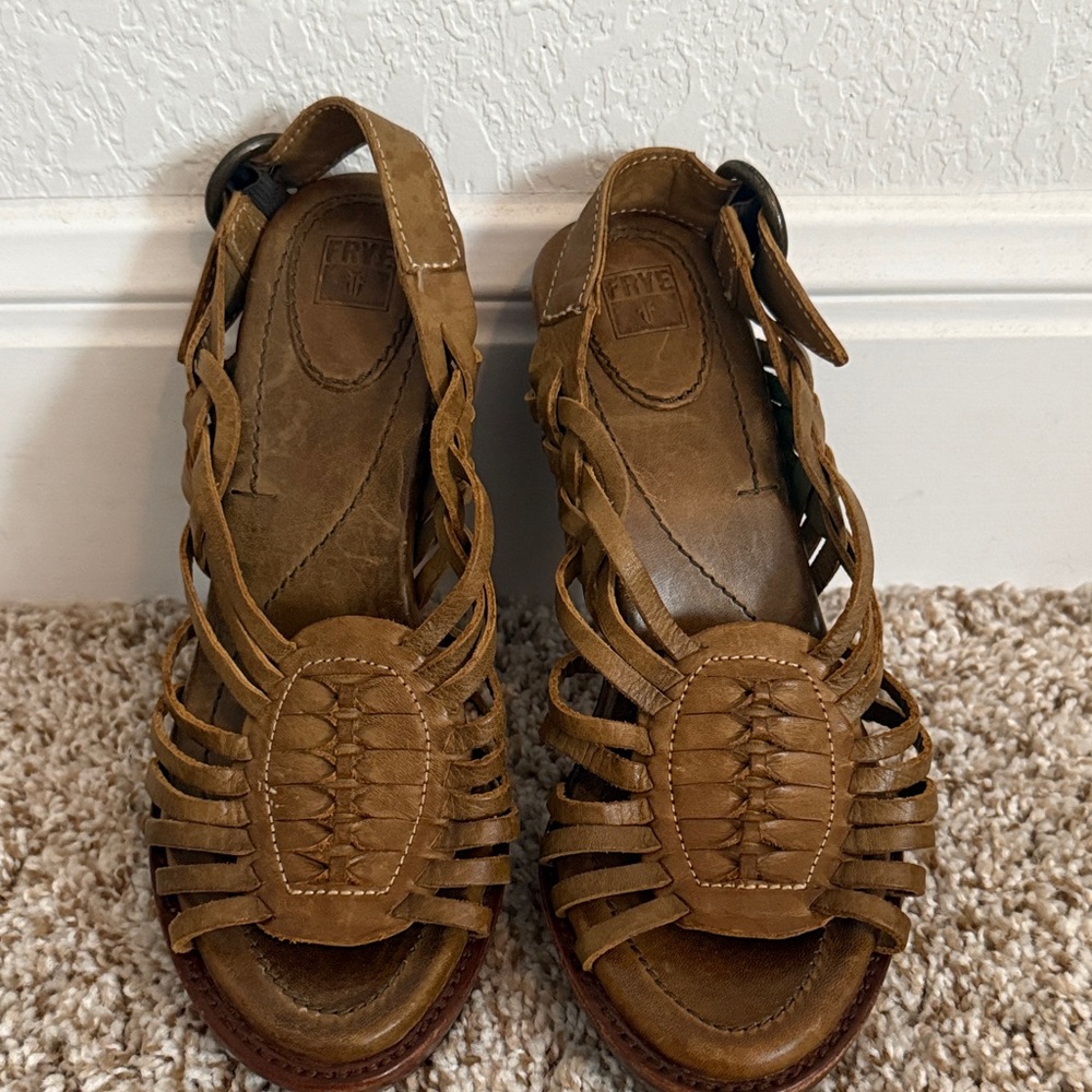 Frye Tan Leather Woven Sandals